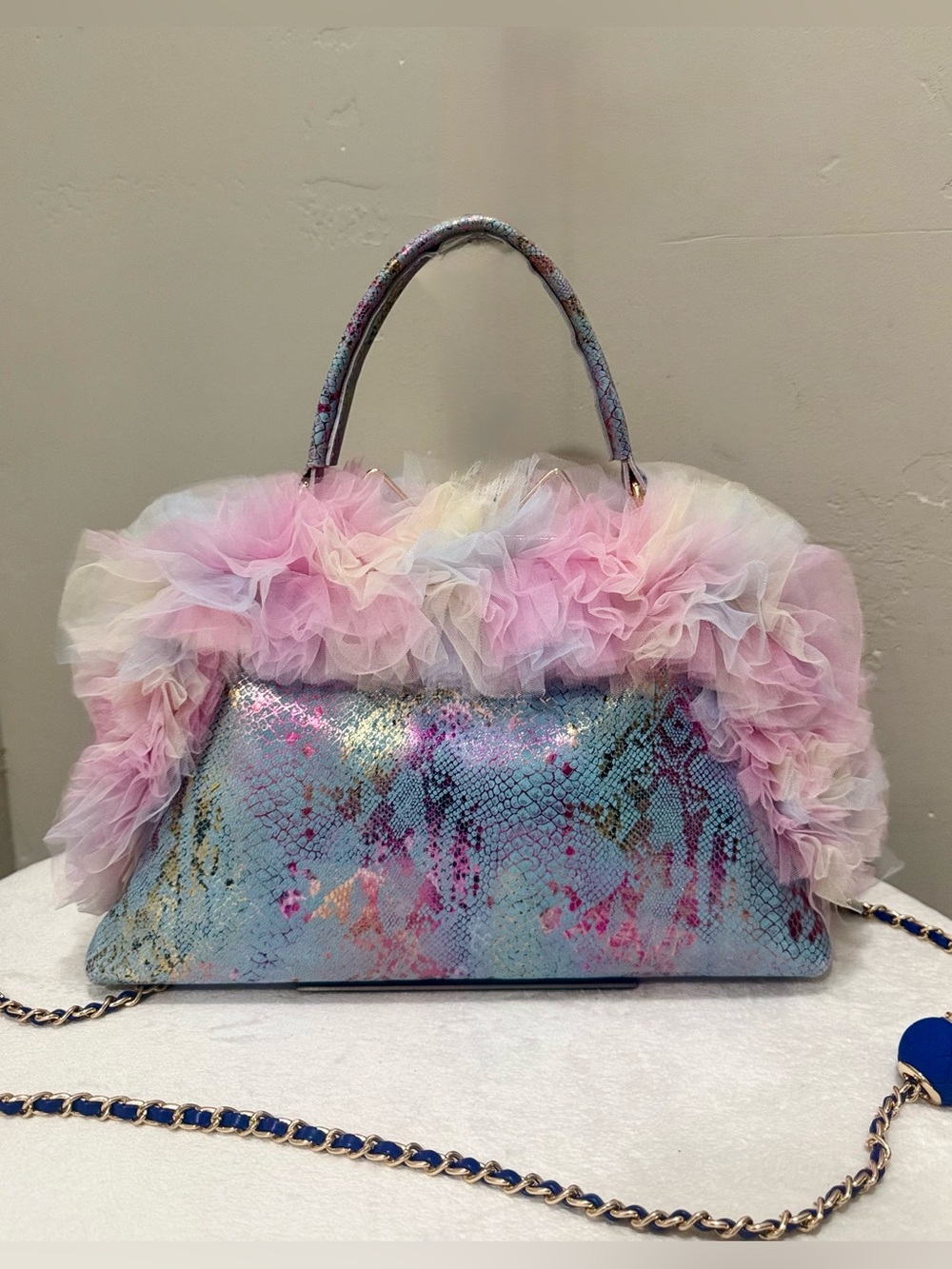 Unique Iridescent Leather With Lace Ruffle Trim Handmade Push Lock Frame Bag
